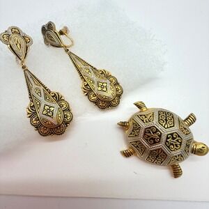 Vintage Damascene Dangle Earrings Screw Back + Turtle Brooch Gold Tone Set Lot